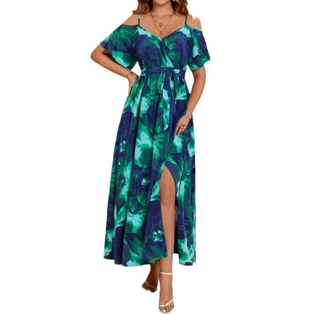 Women's Split Neckline Asymmetric Batwing Sleeve Printed Dress