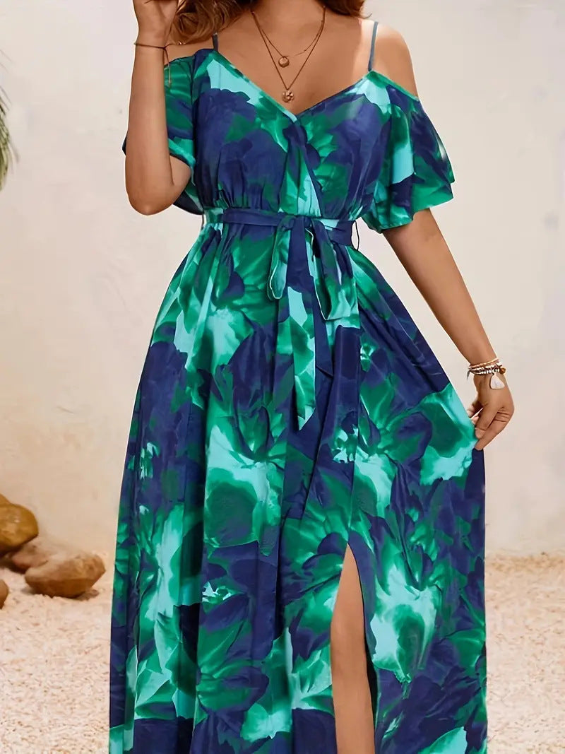 Women's Split Neckline Asymmetric Batwing Sleeve Printed Dress