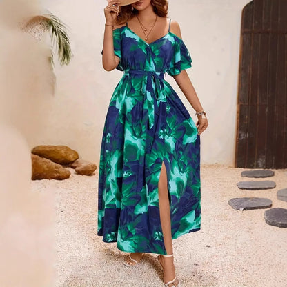 Women's Split Neckline Asymmetric Batwing Sleeve Printed Dress