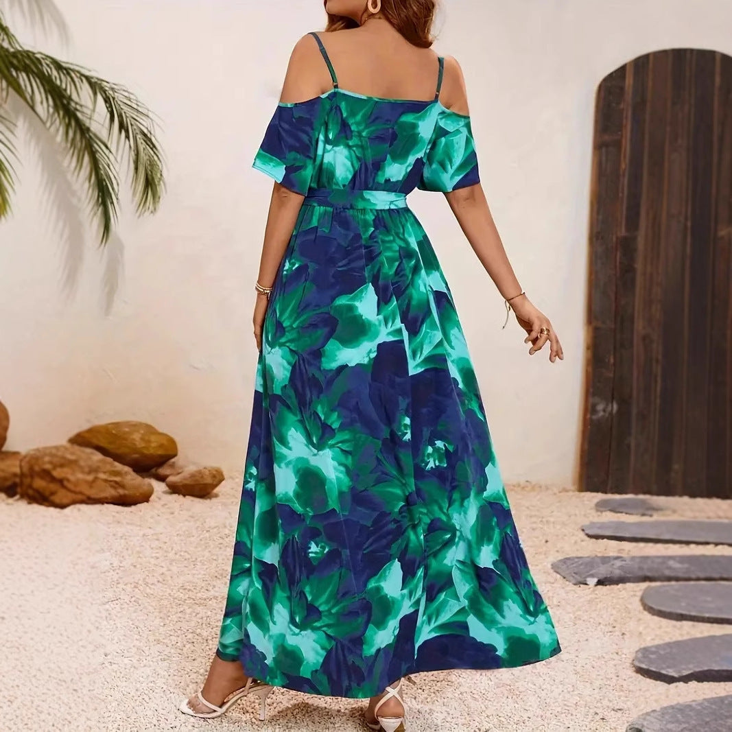 Women's Split Neckline Asymmetric Batwing Sleeve Printed Dress