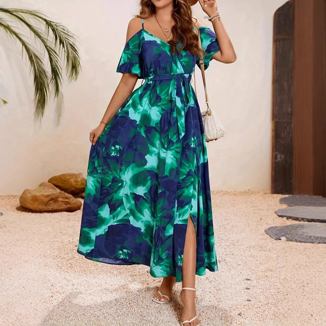 Women's Split Neckline Asymmetric Batwing Sleeve Printed Dress